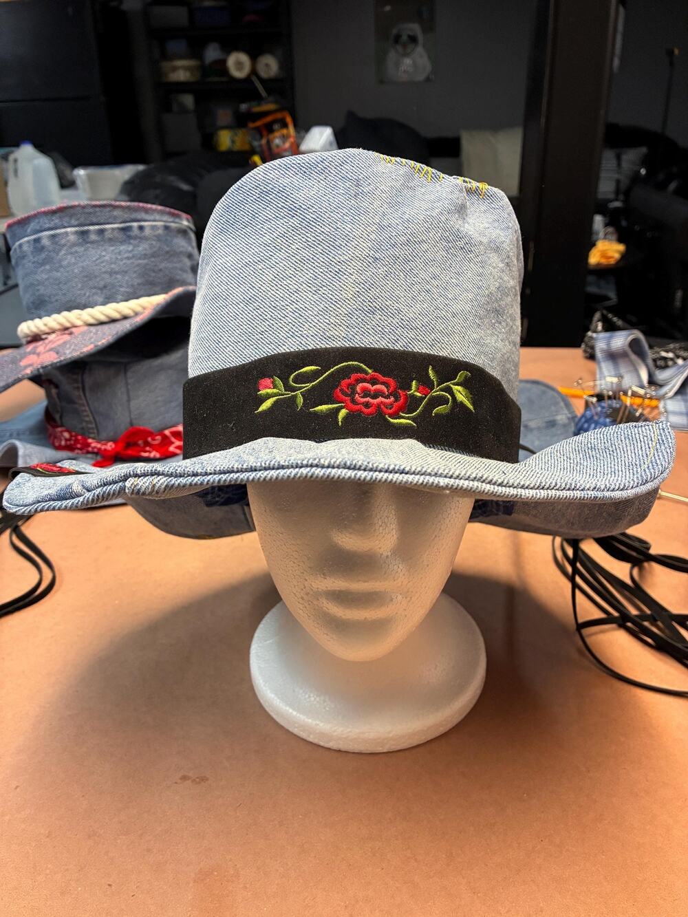 Upcycled Denim Western Hat — Embroidered Rose Band, Size Medium 22.5"